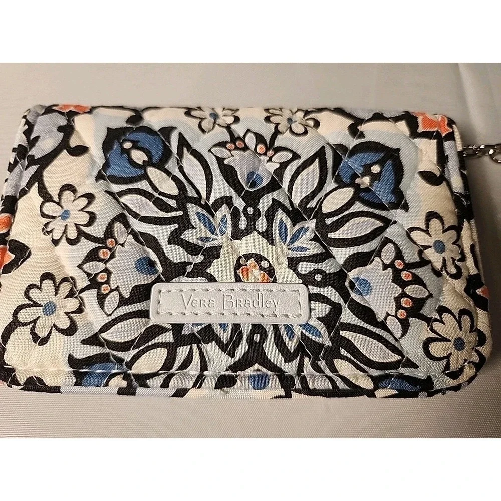 Vera Bradley Blue White Floral Quilted Cotton Snap Wallet with Keychain Clip